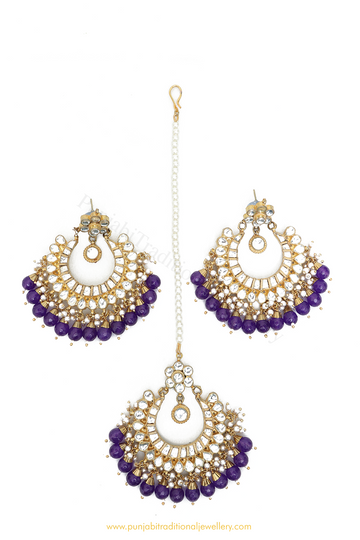 Gold Finished Blue Kundan Earring Tikka Set By PTJ